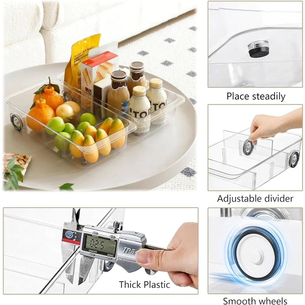 Set of 2 Clear Rolling Fridge‎ Cabinet Organizer Bins with Adjustable Dividers